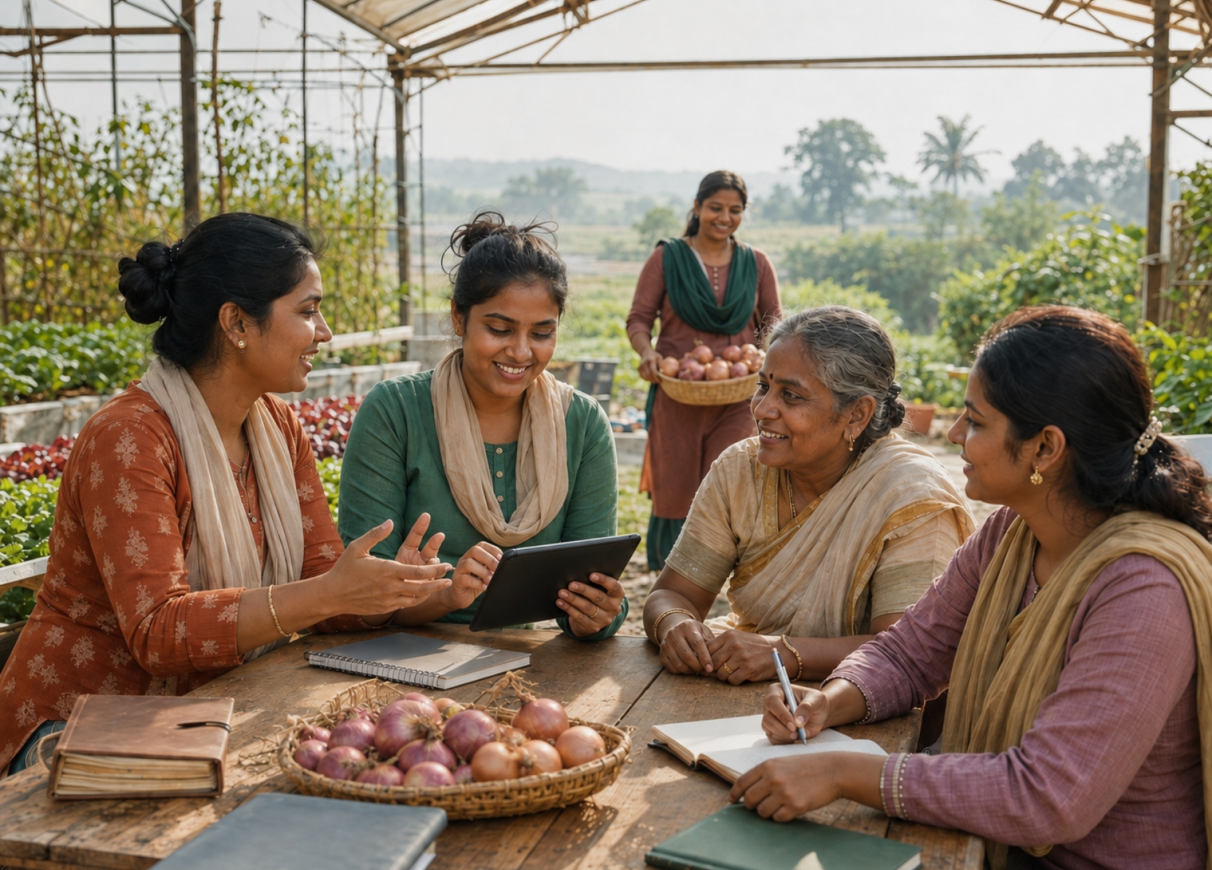 Women farmers working together in a lush green agricultural field