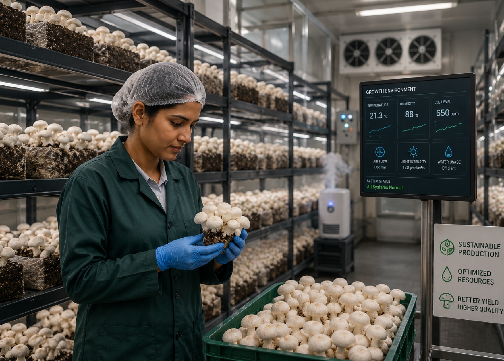 Fresh white mushrooms growing in a controlled farm environment