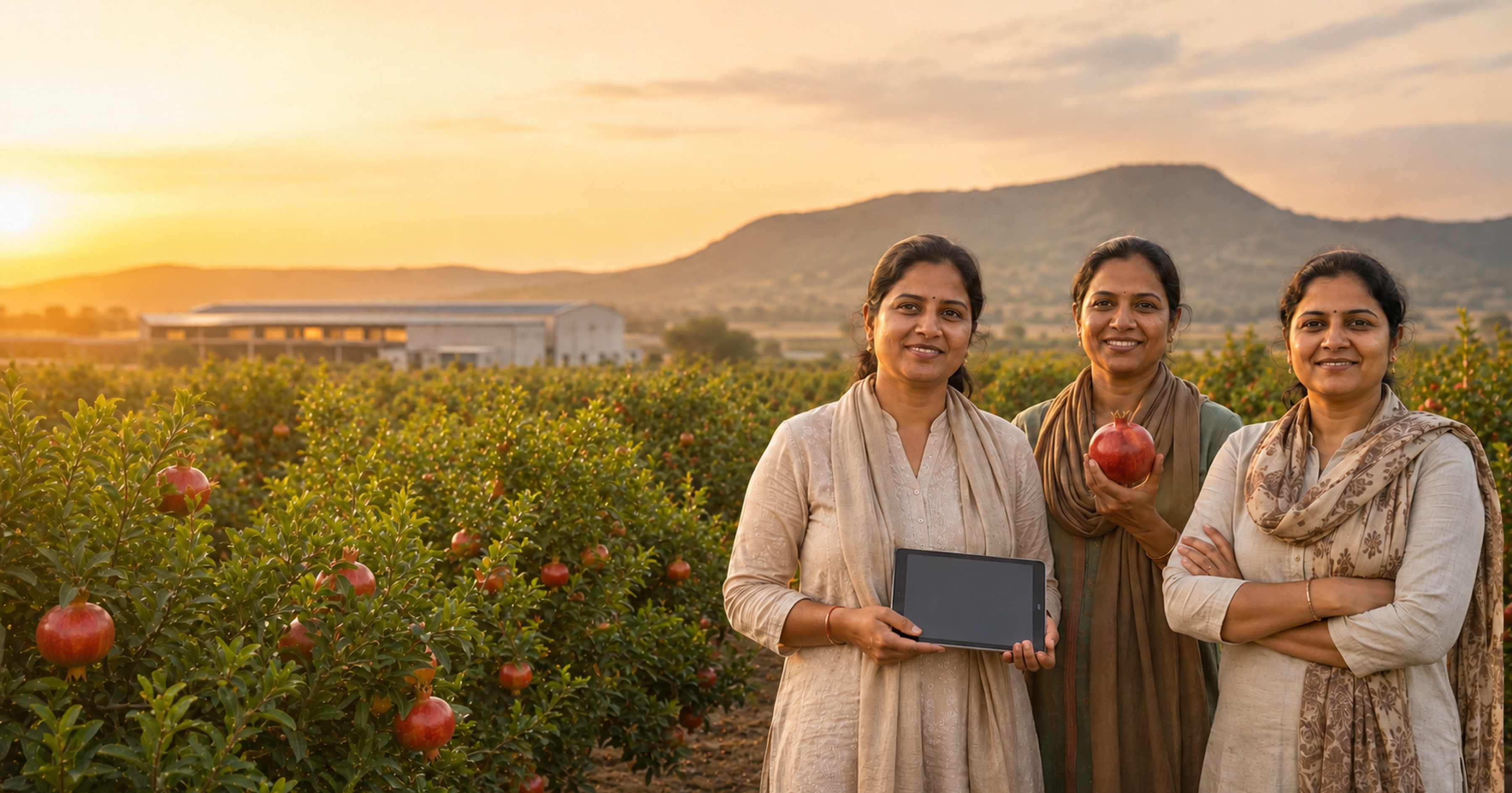 Farmer using a tablet with digital crop models in the field at sunset