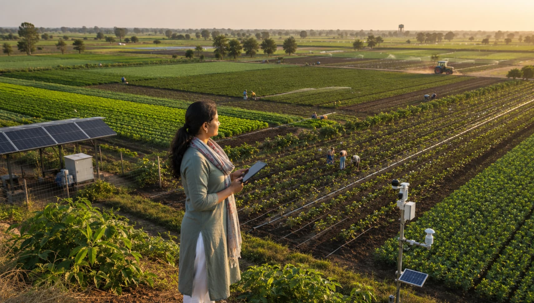 Agricultural drone spraying a lush green field