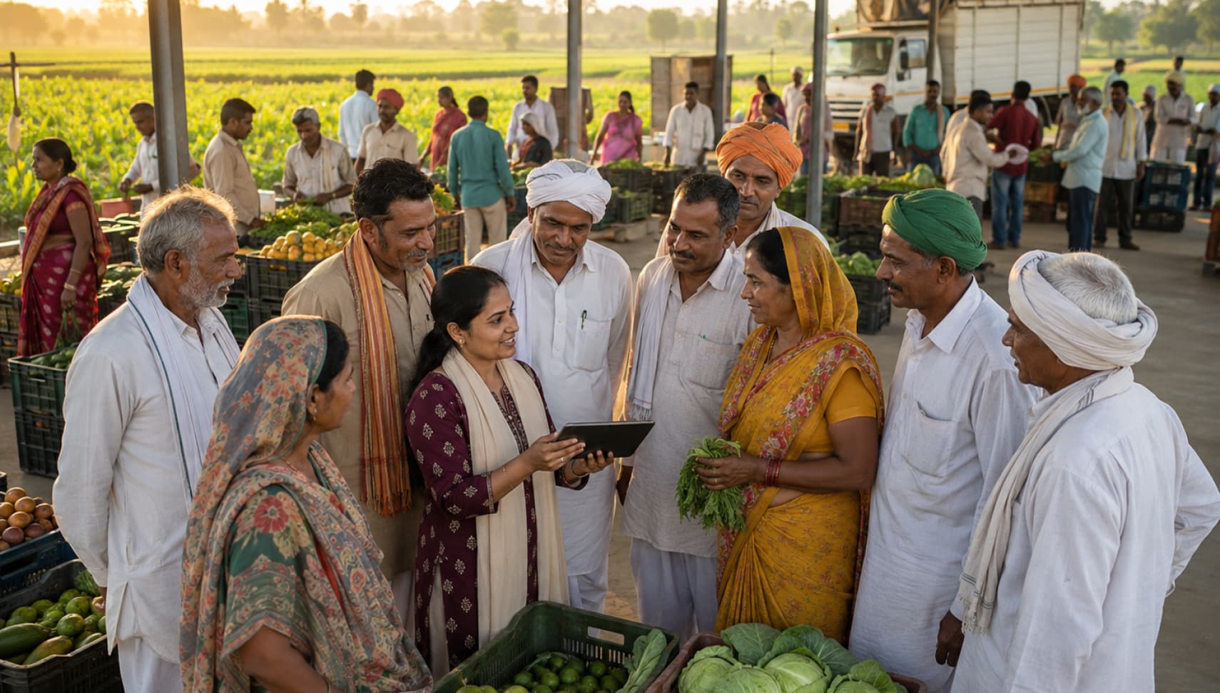 Woman farmer examining a young plant in a green field