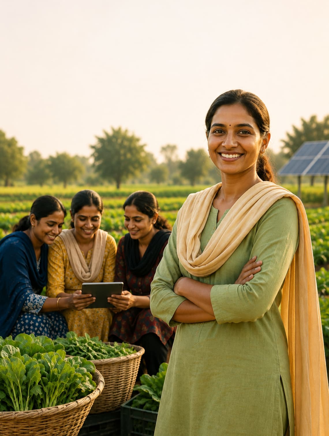 Woman inspecting plants in a field