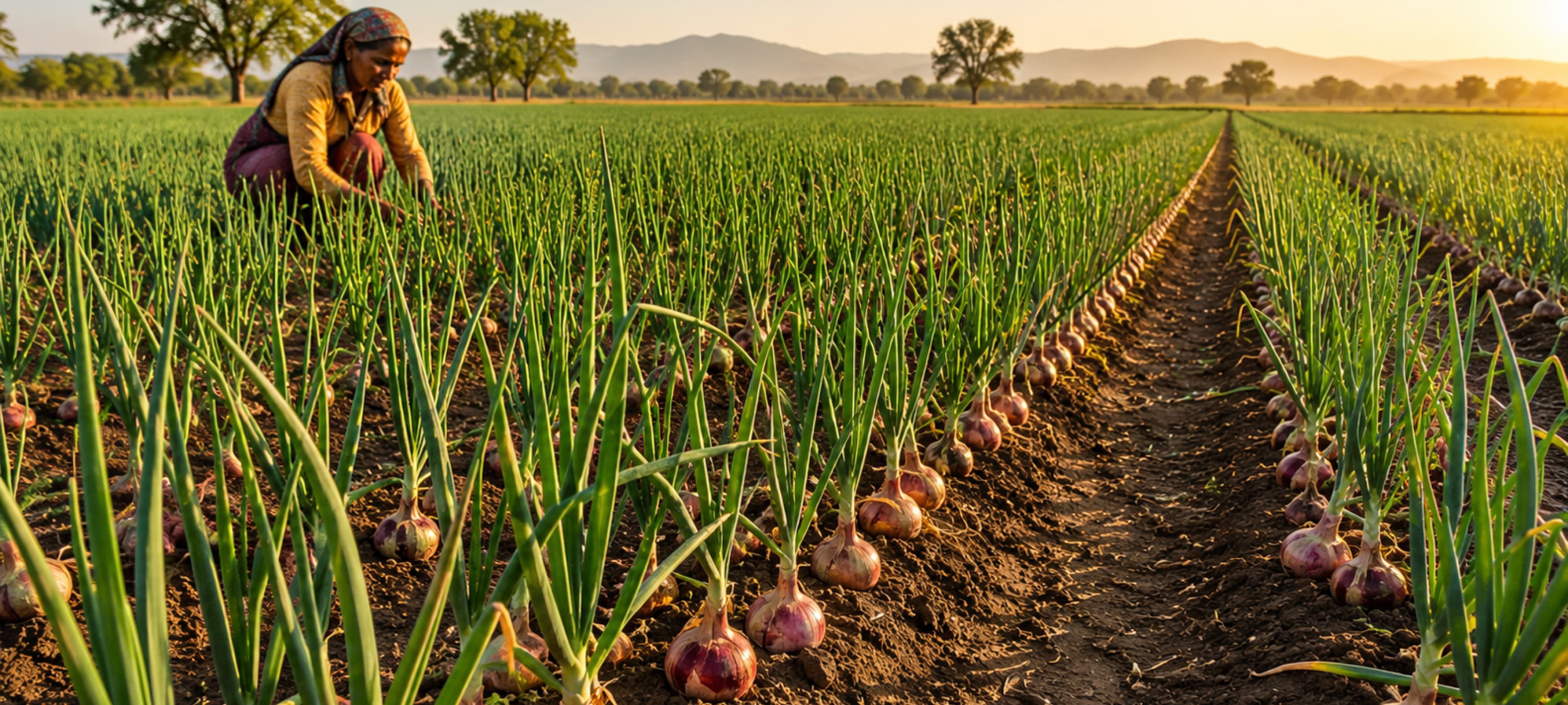 Farmer working in a cultivated field during golden hour