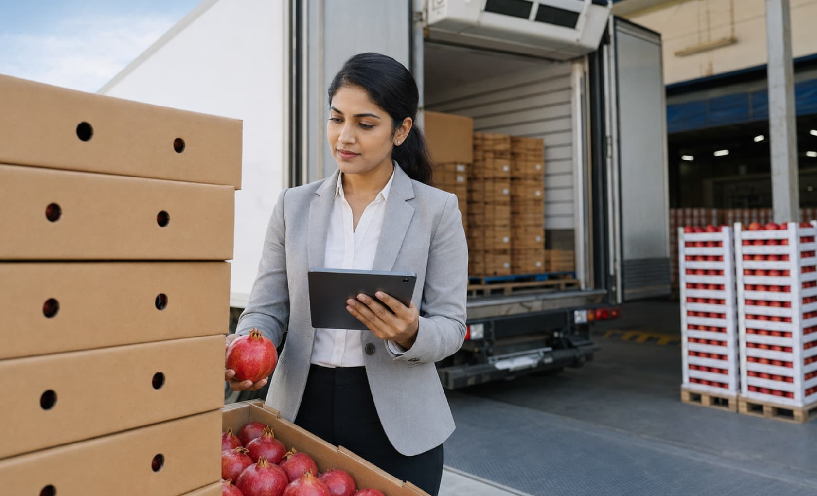 Export containers and fresh produce prepared for global shipping