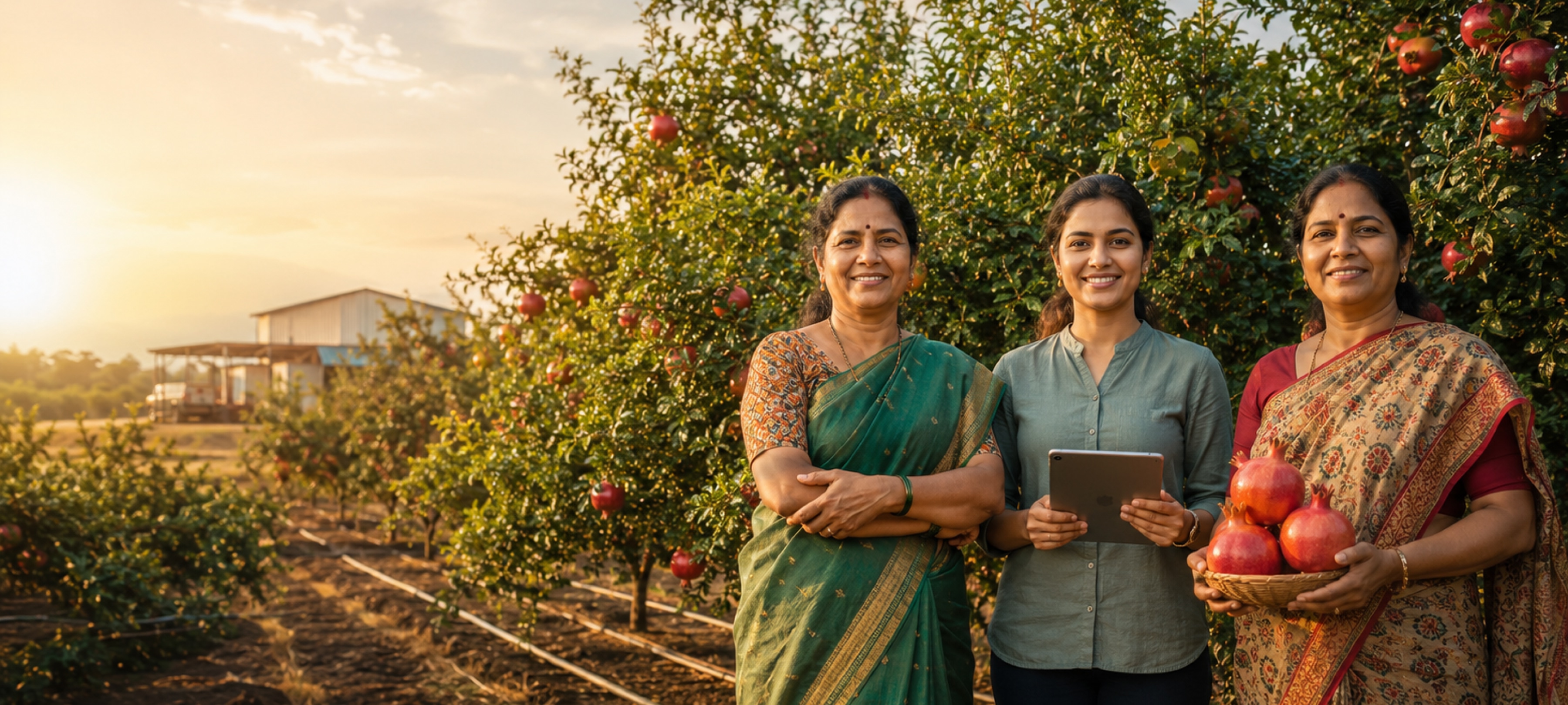 Women farmers tending crops in a lush green agricultural field