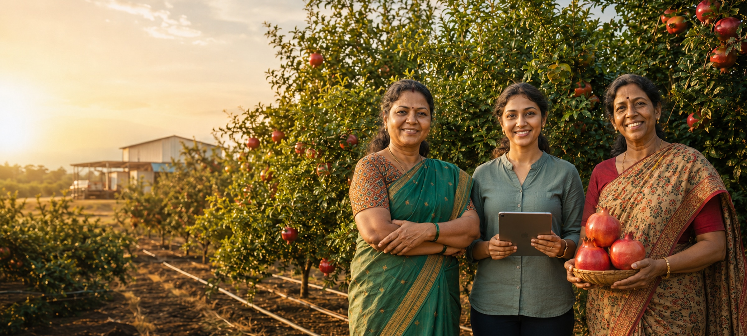 Women farmers tending crops in a lush green agricultural field