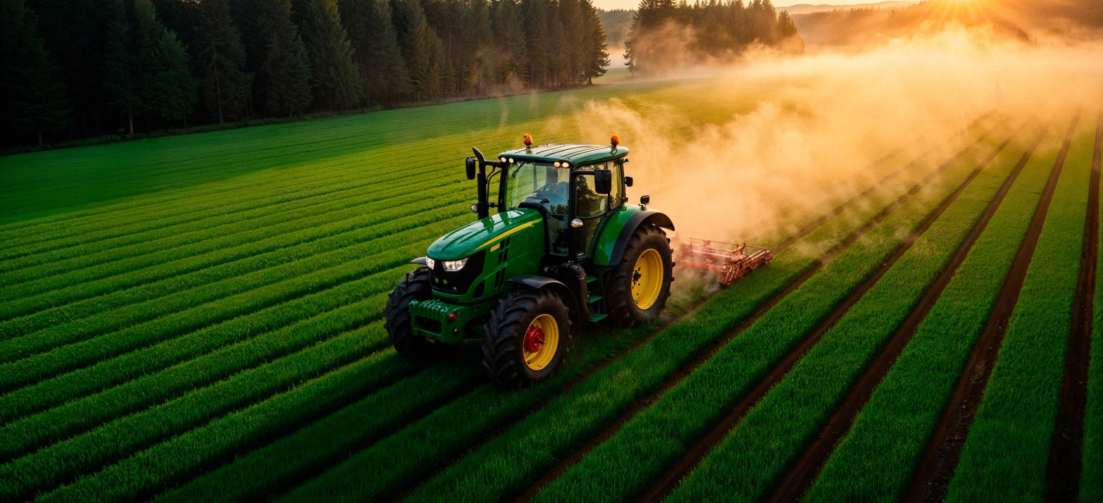 Tractor working a tilled agricultural field at sunset