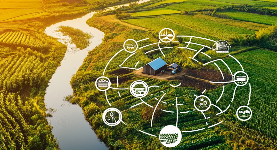 Aerial view of connected agricultural landscape