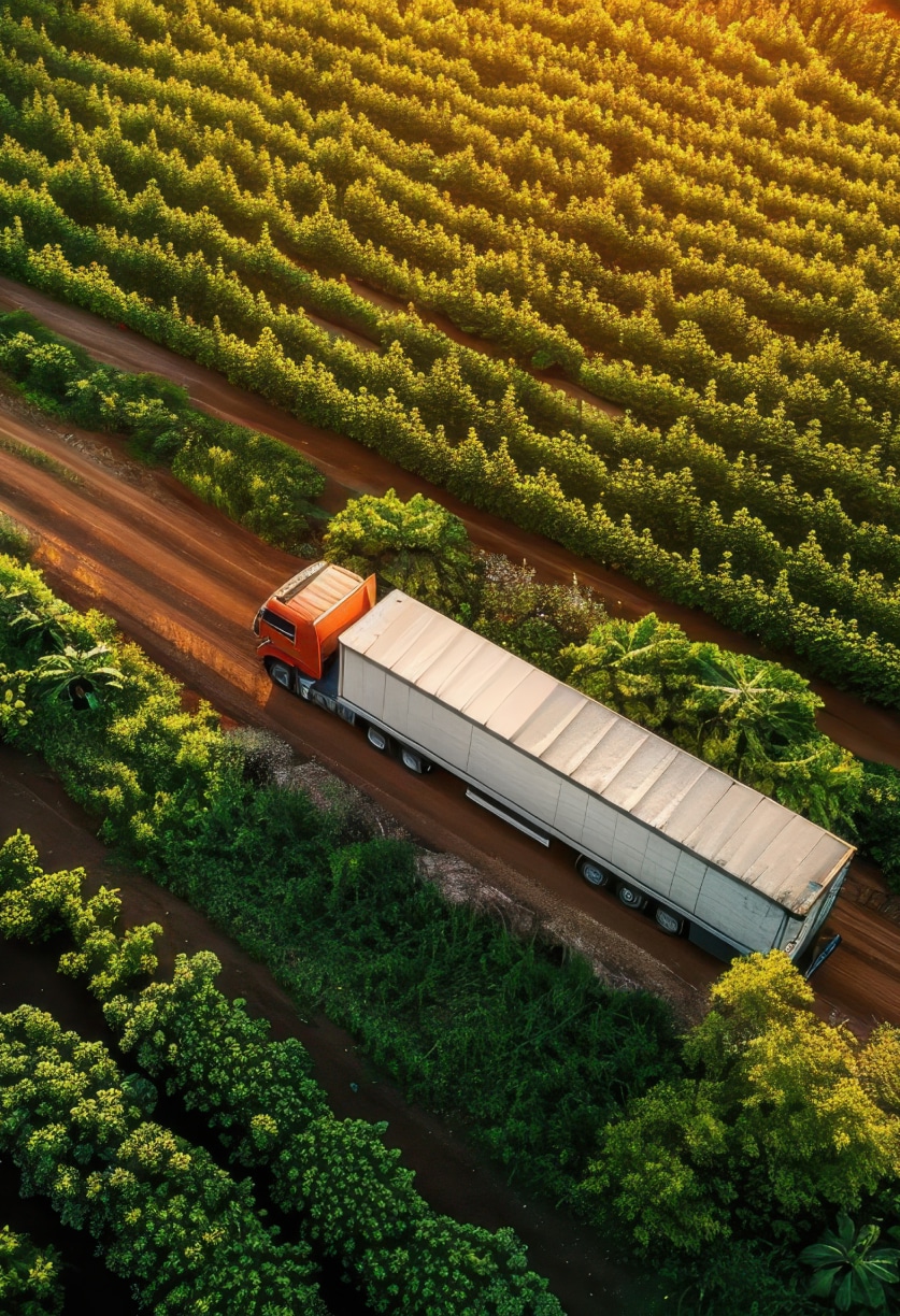 Transport truck on a road through green plantation