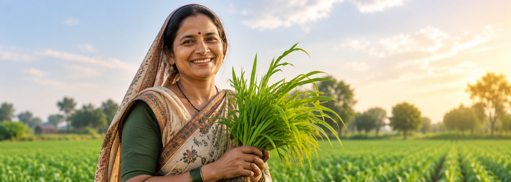 Farmer smiling while holding harvested crops in the field