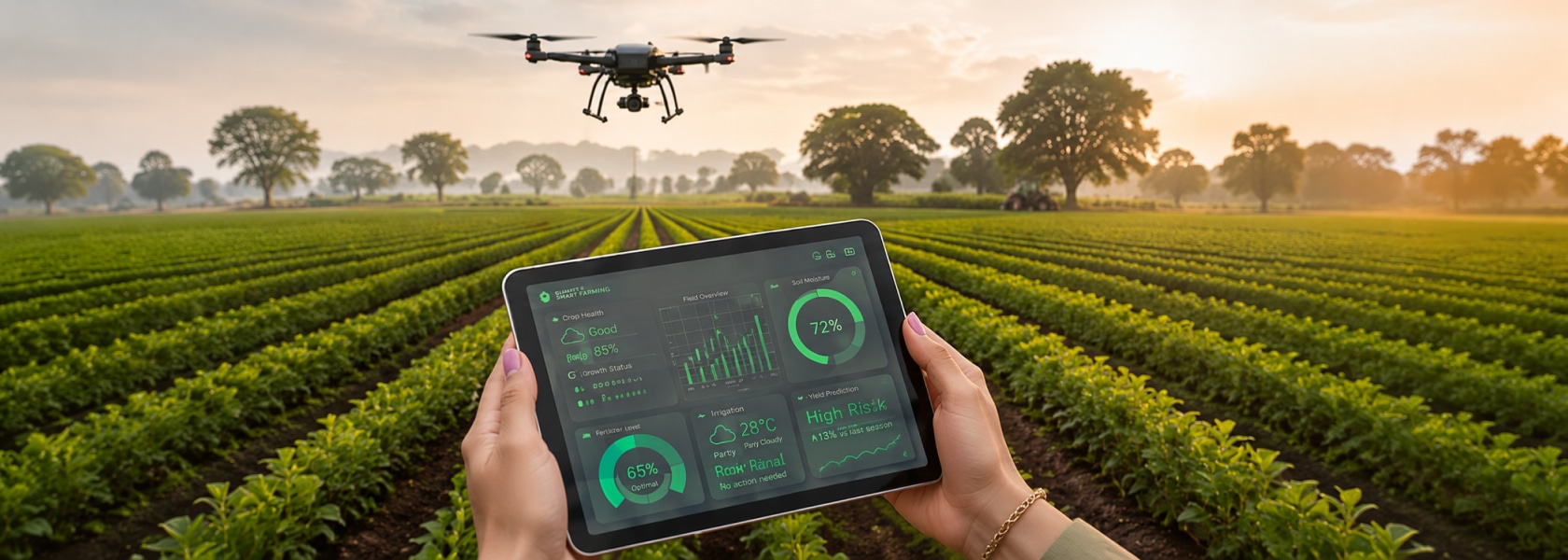 Tablet interface and drone monitoring a cultivated field