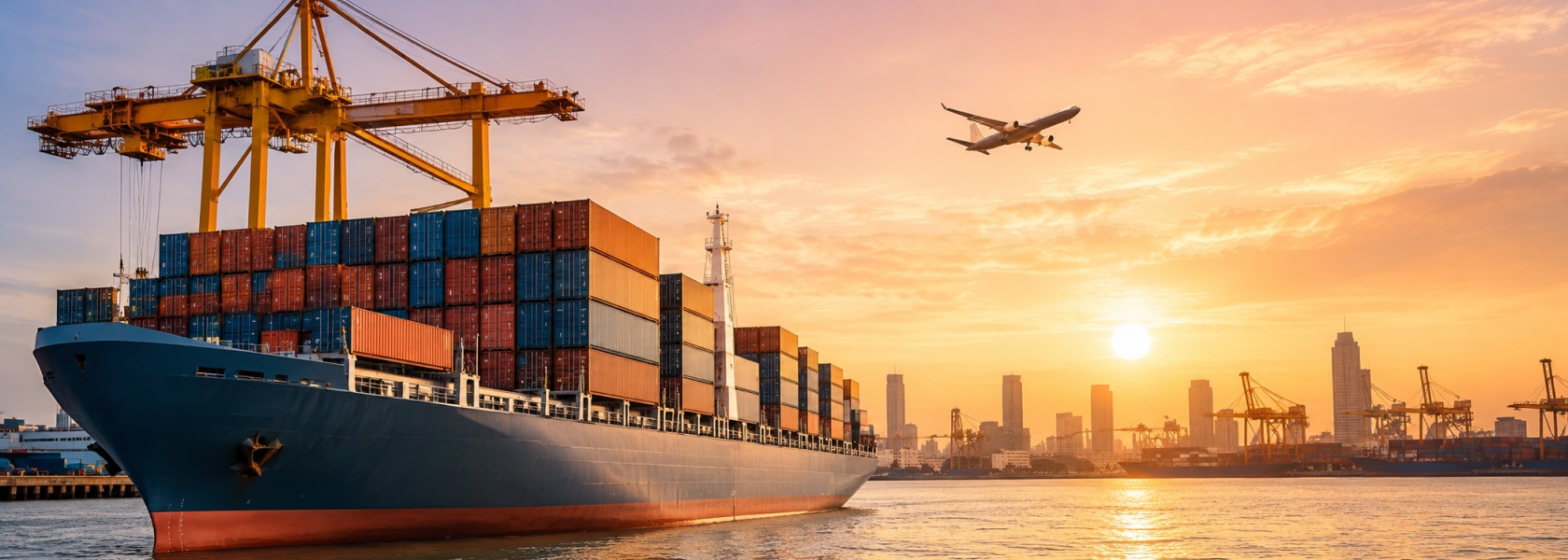 Export cargo ship near a commercial port at sunset