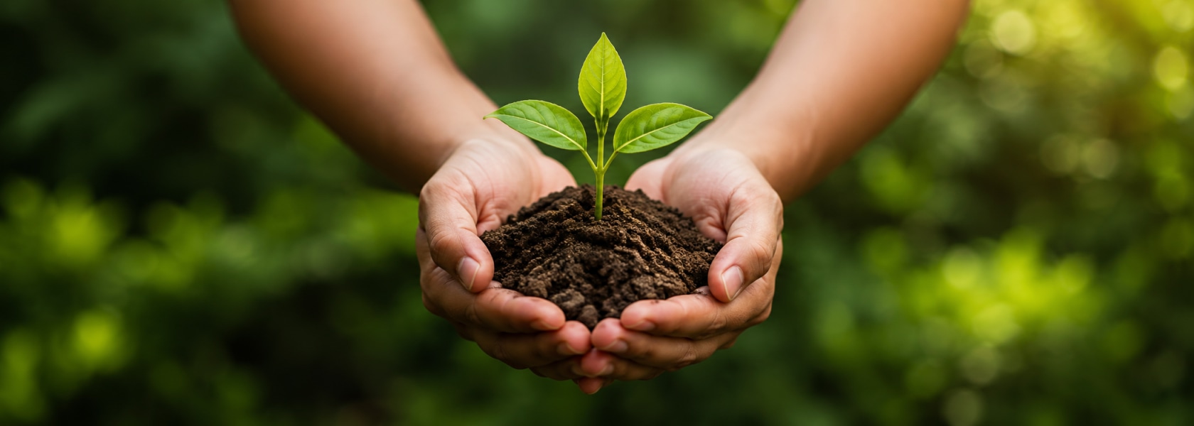 Hands holding soil and a small green plant