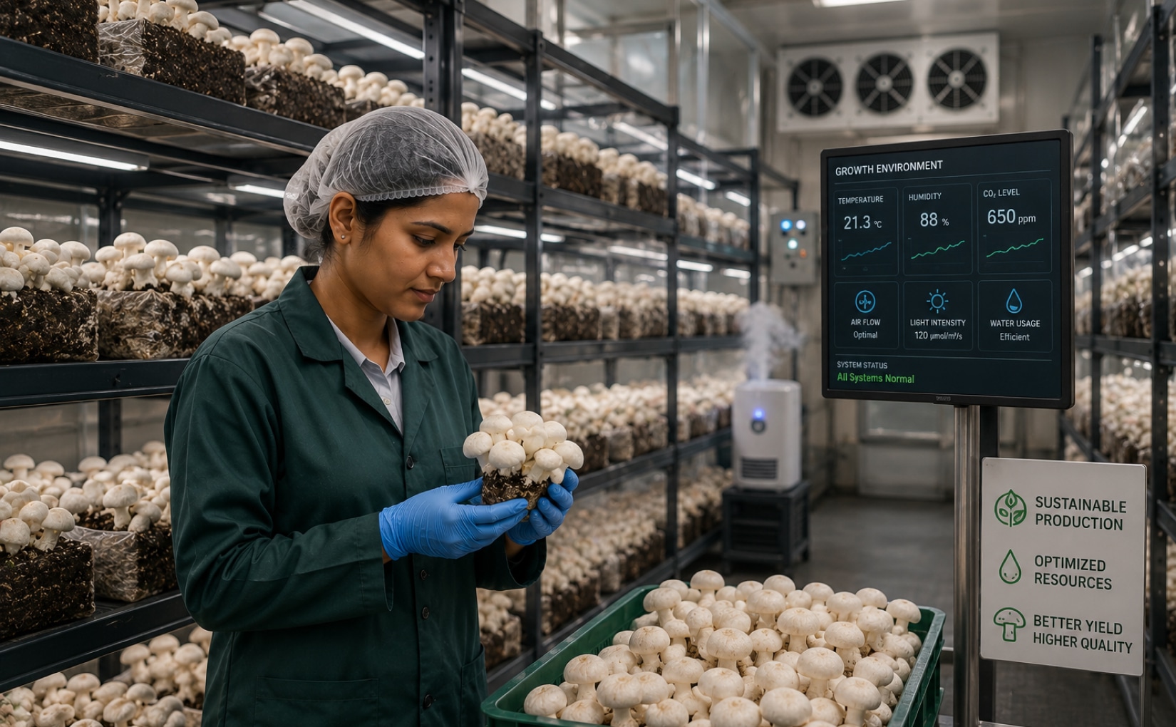 Fresh white mushrooms growing in a controlled farm environment