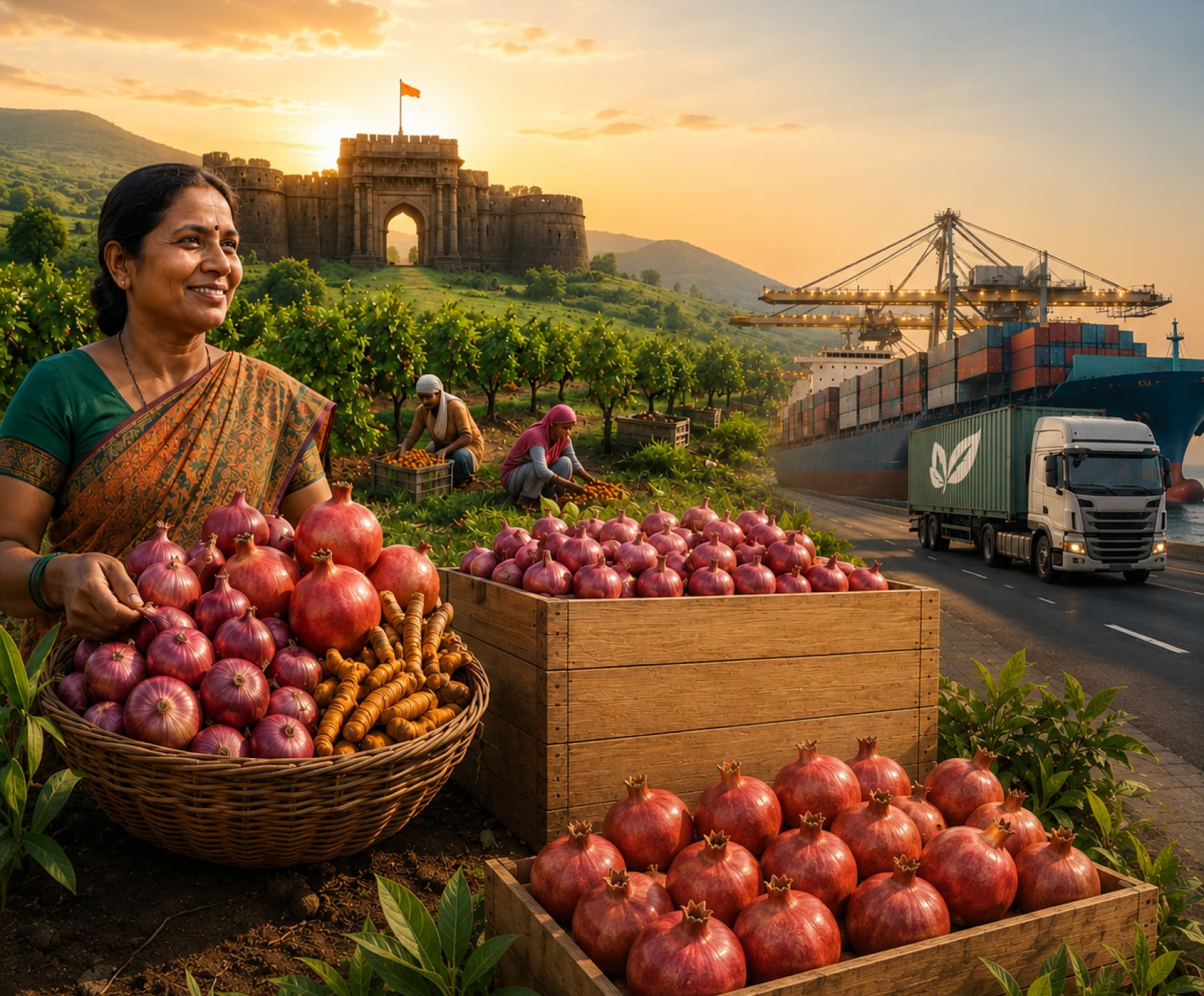 Aerial view of a truck driving through lush green agricultural plantations at golden hour