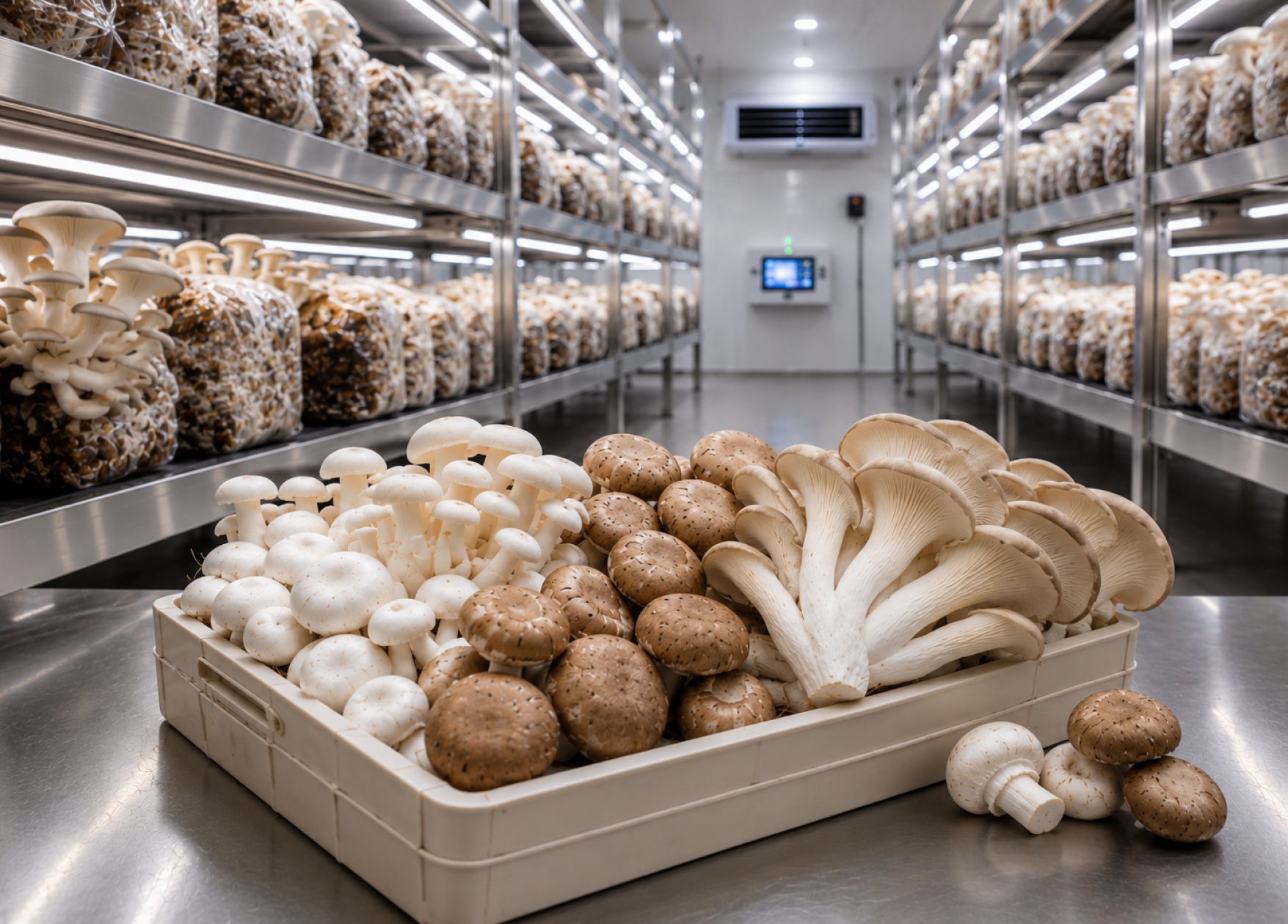 Fresh white mushrooms growing in a controlled farm environment