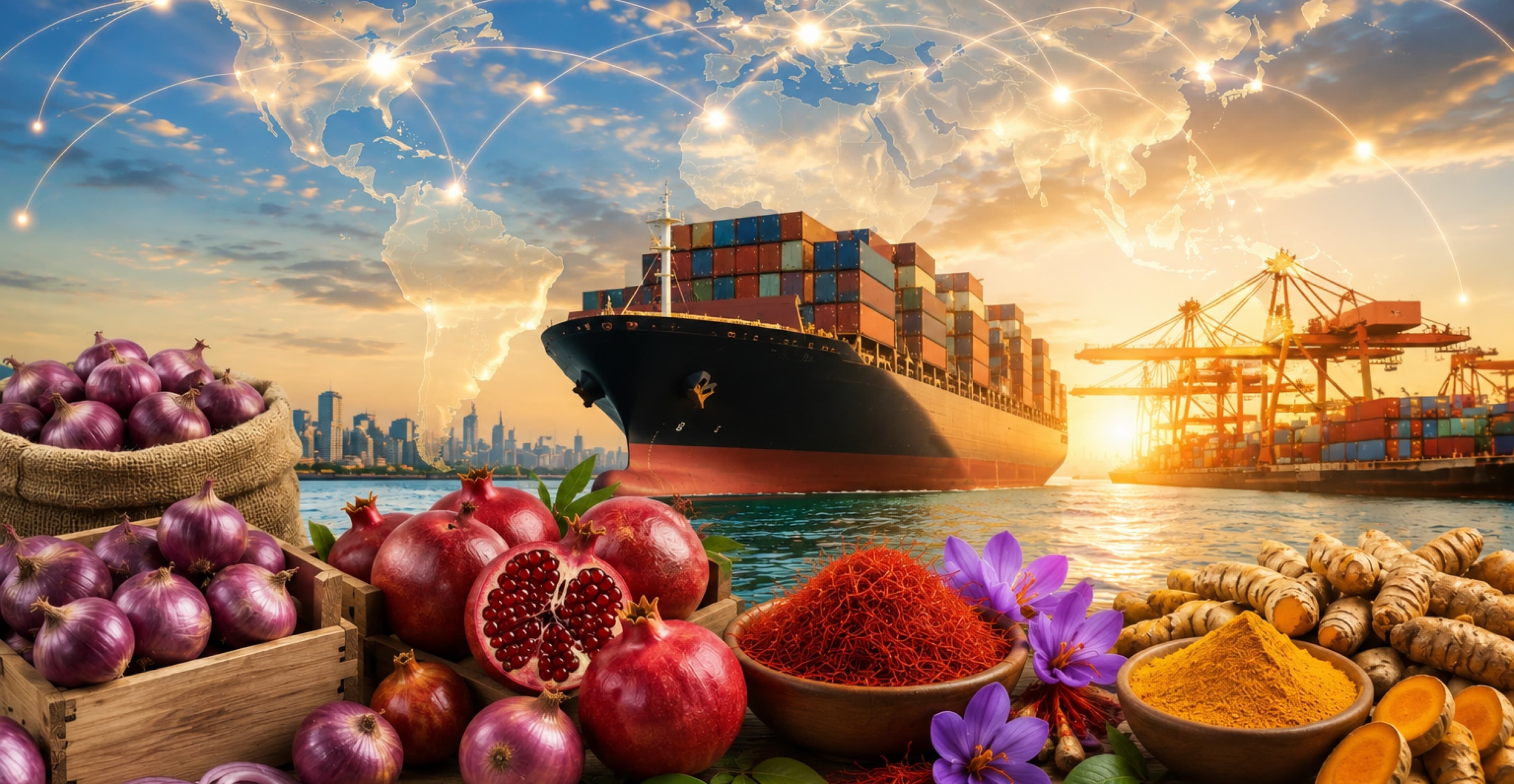 Global trade network with container ship, export port, and fresh agricultural produce including onions, pomegranates, saffron, and turmeric