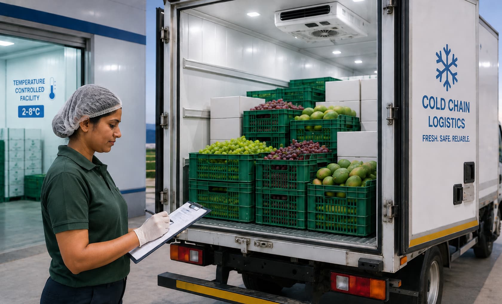 Export containers and fresh produce prepared for global shipping