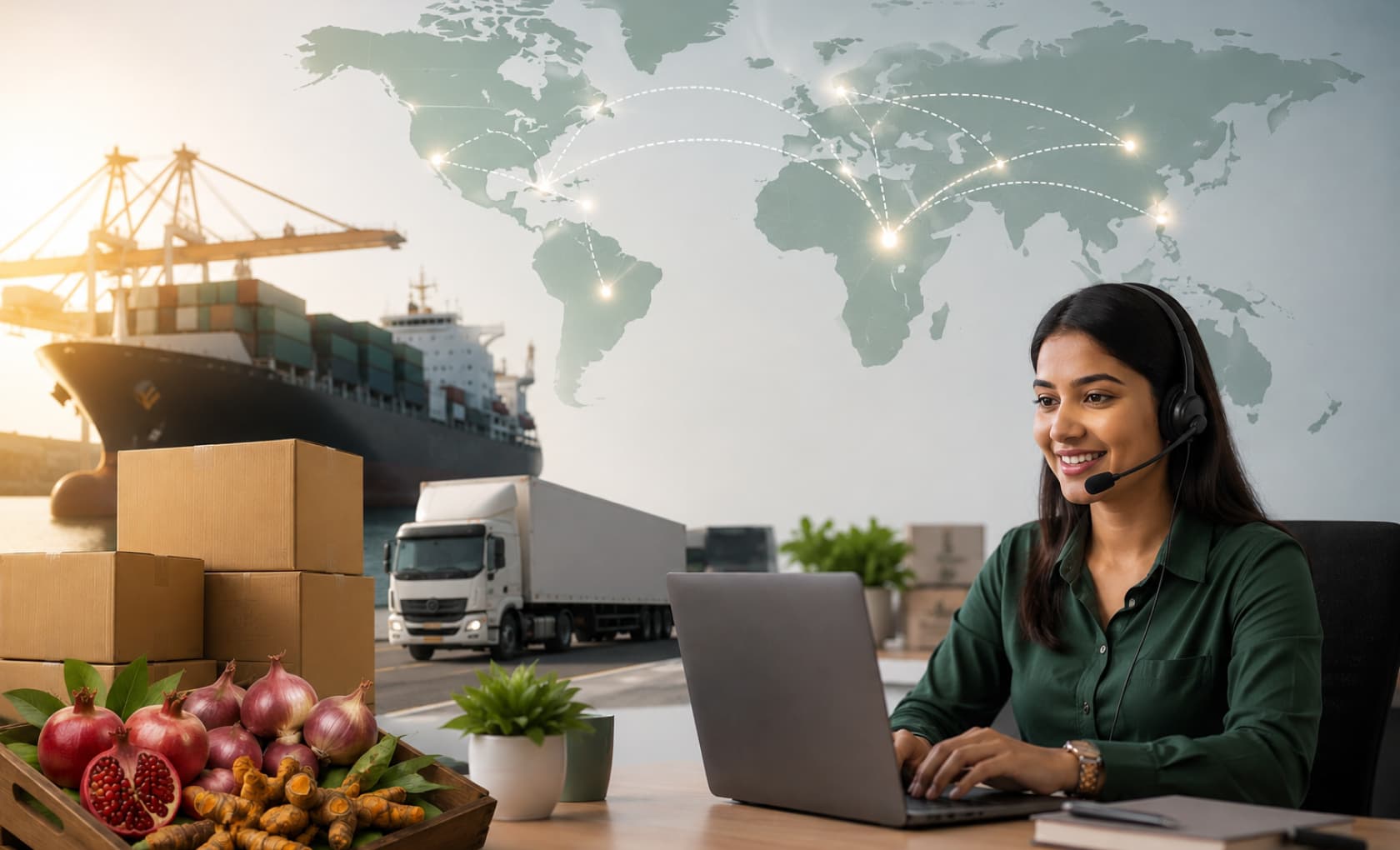 Export containers and fresh produce prepared for global shipping