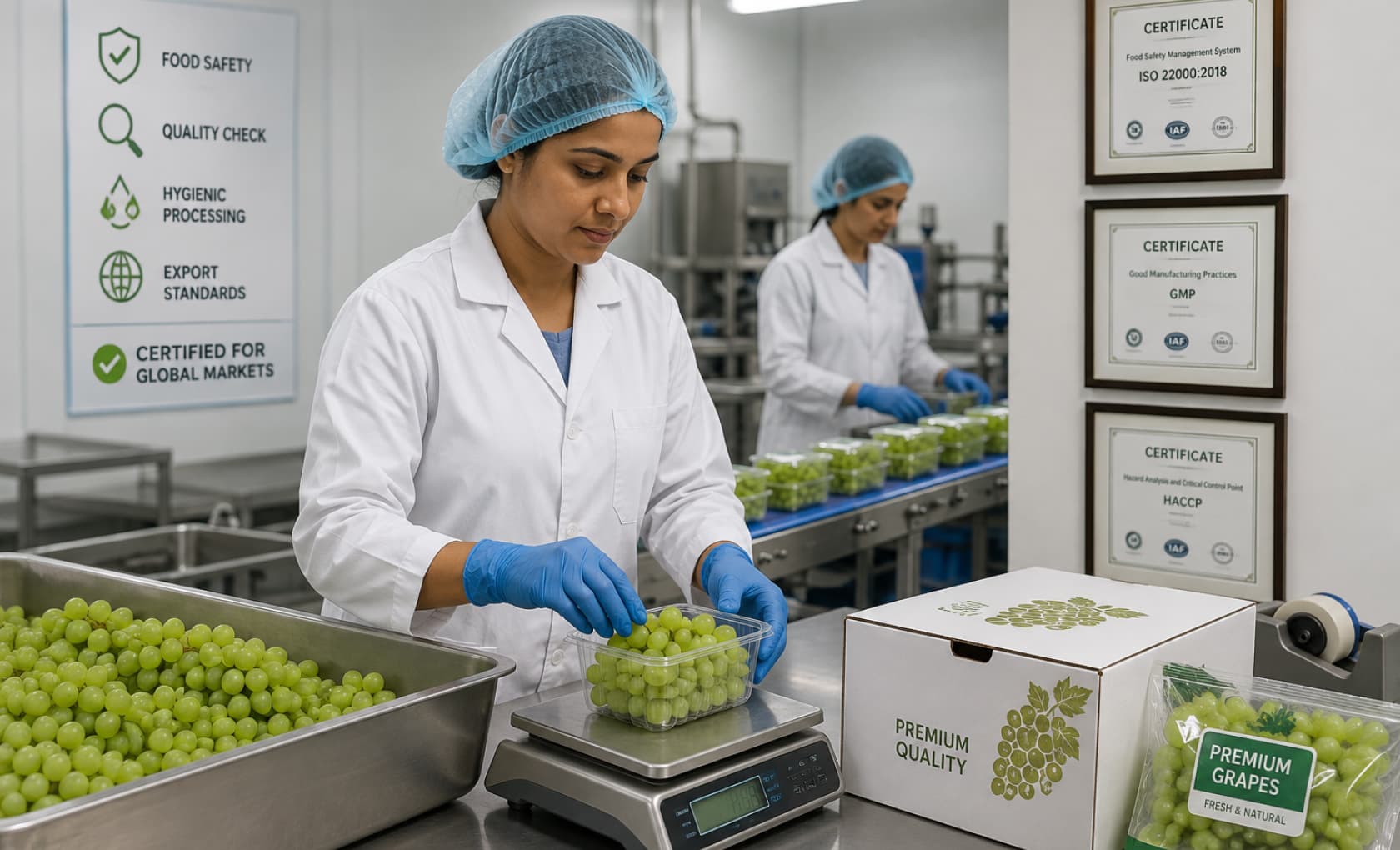 Export containers and fresh produce prepared for global shipping