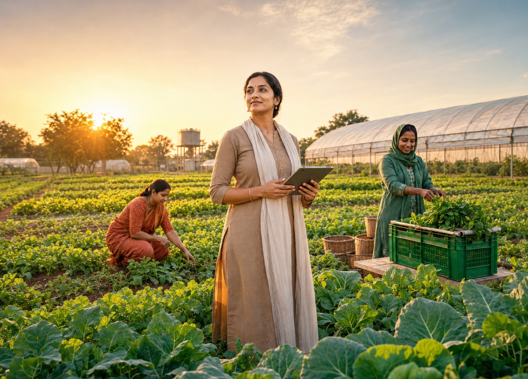 Farmer working in a cultivated field during golden hour