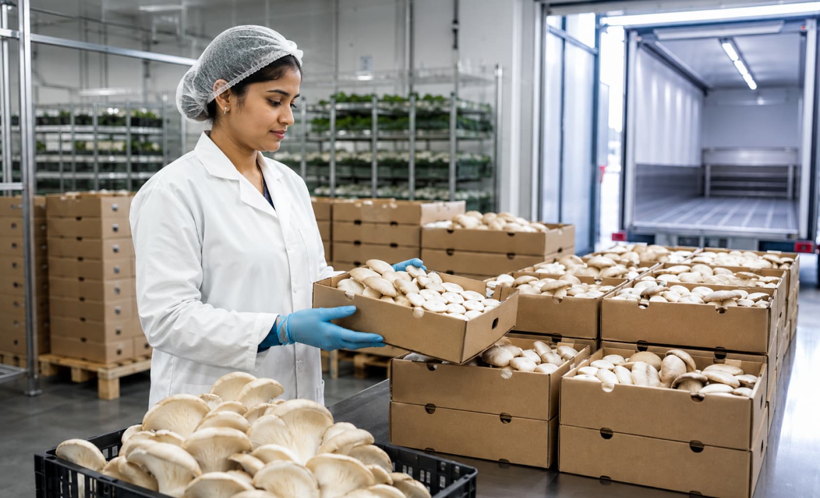 Export containers and fresh produce prepared for global shipping