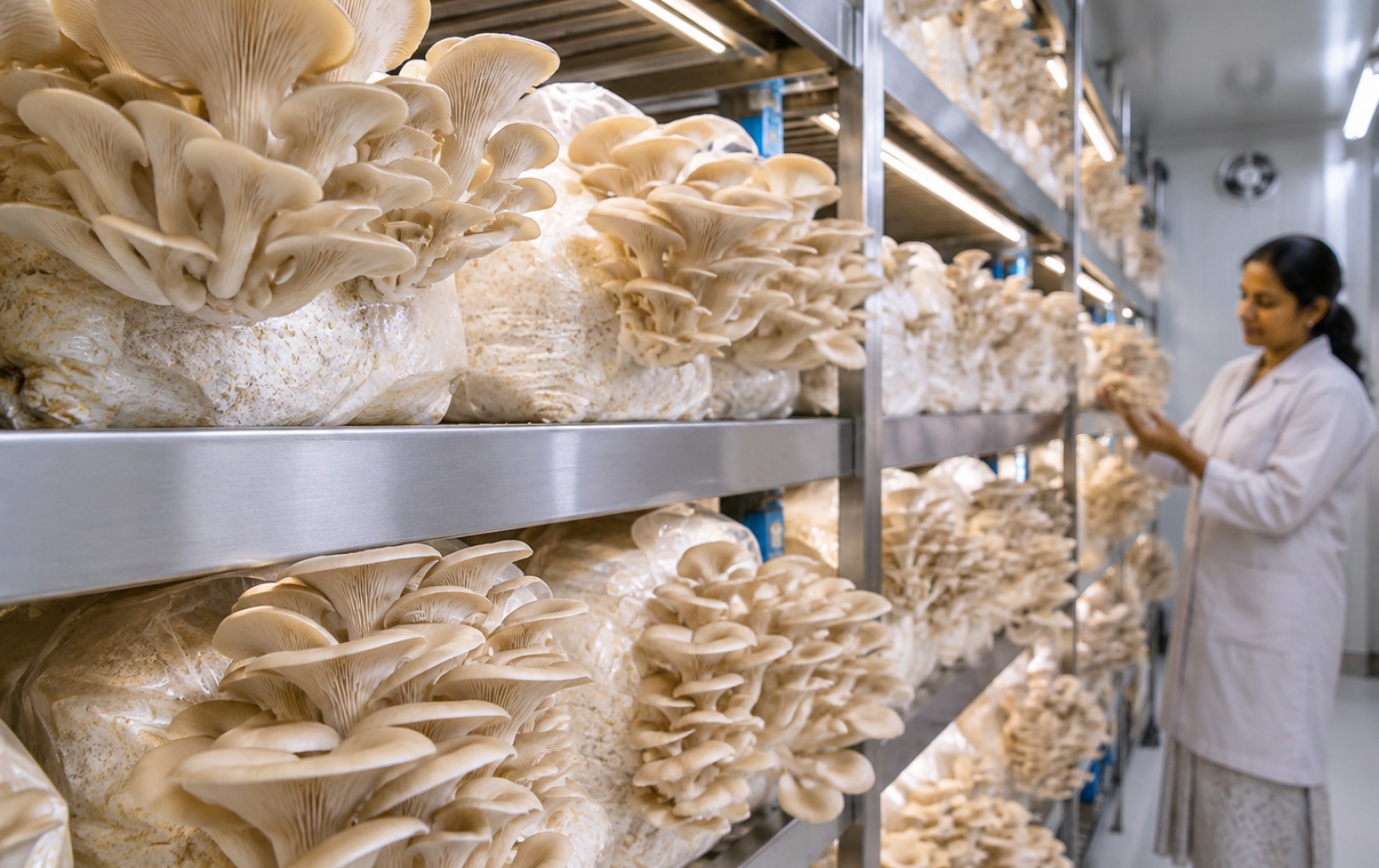 Hands holding freshly harvested mushrooms from controlled environment farming